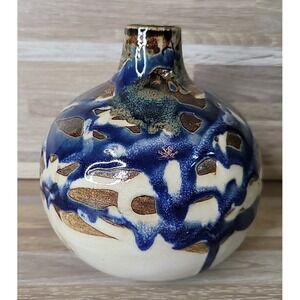 Japanese Mingei Vintage Folk Craft‎ Flower 5" Vase Blue Brown Gorgeous